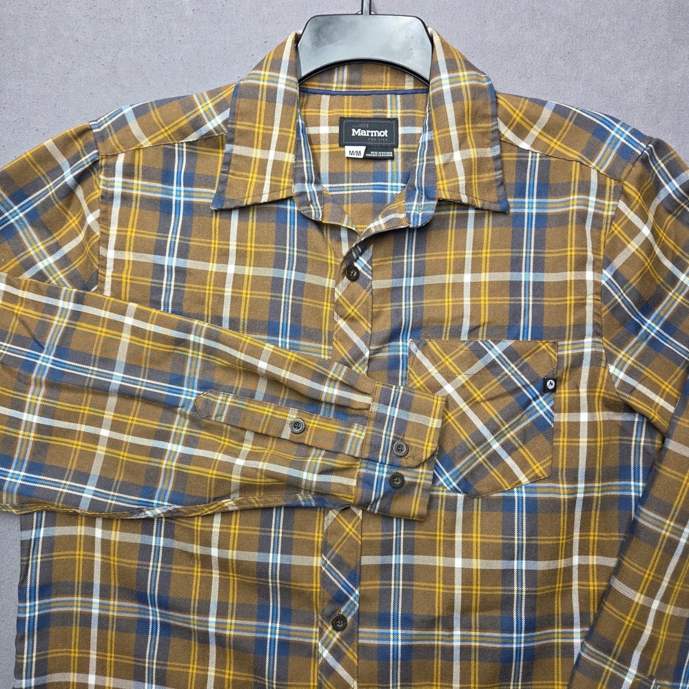 Marmot Mens M Plaid Button Up Shirt Brown Yellow Blue Wool Blend C50830 Medium